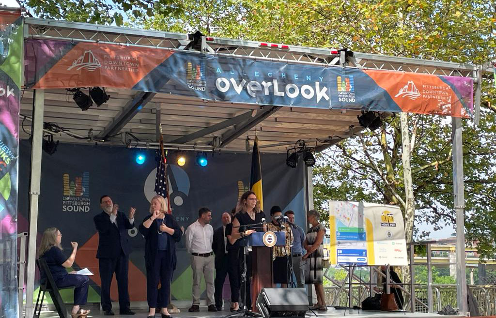 Then DOMI director Karina Ricks speaks at the launch of Move PGH in July 2021 in Pittsburgh