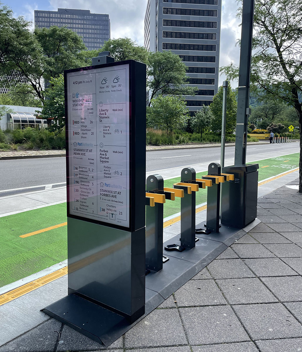 One of 50 mobility hubs being installed in Pittsburgh as part of the physical infrastructure of the Move PGH equitable mobility pilot.