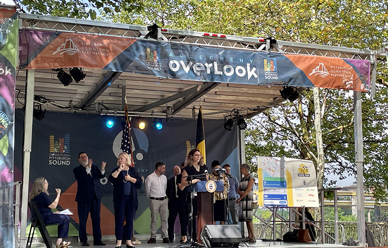 DOMI director Karina Ricks speaks during a launch event for Move PGH and the city's Universal Basic Mobility pilots on July 9, 2021.