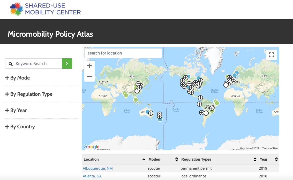 The Shared-Mobility Use Center Micromobility Policy Atlas is a digital database of policies and regulatory frameworks from around the world.