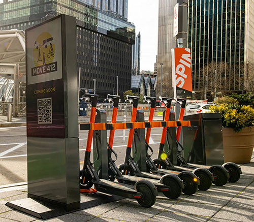 A Move PGH mobility hub on the streets of Pittsburgh.